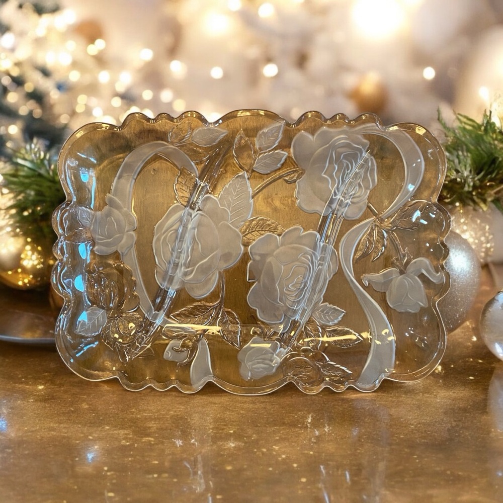 Glass Three Section Tray Rose Garden. EUC